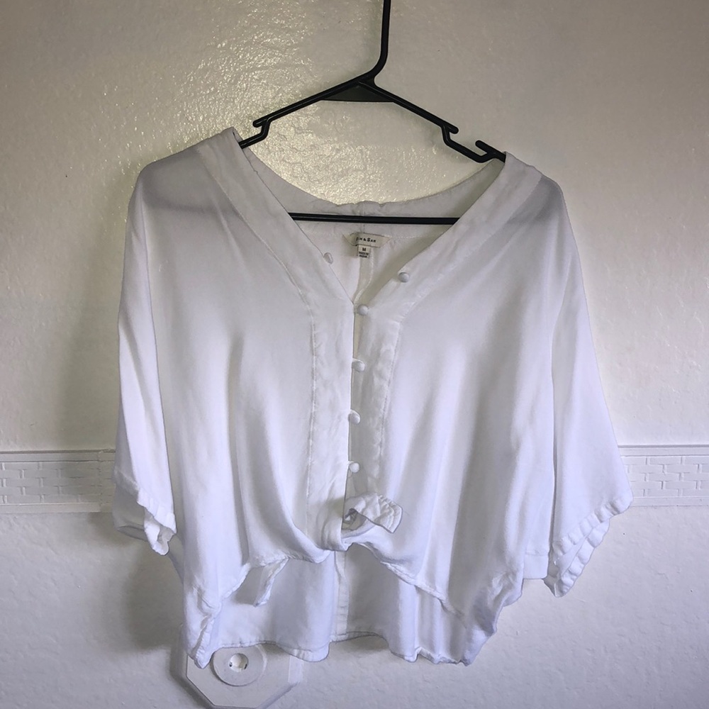 Sim and Sam white button down with tie at bottom!